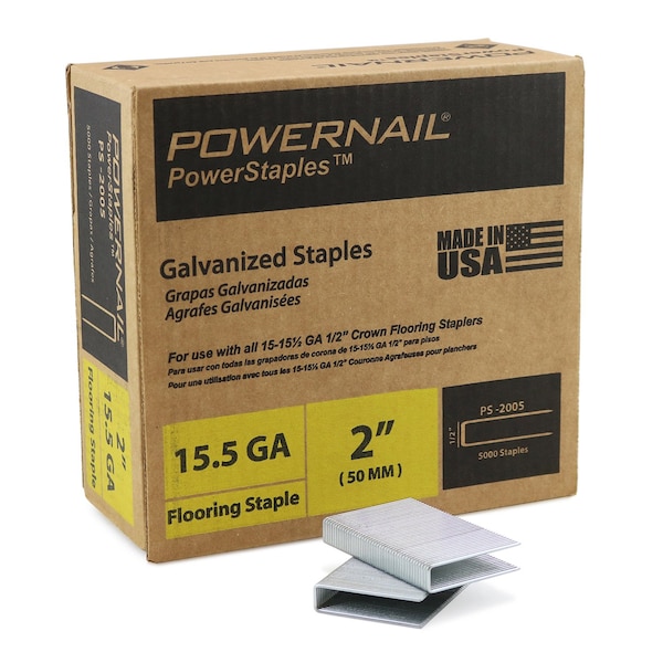 Powernail Flooring Staples, 15.5 ga, 2 in Leg L, Steel, 5000 PK PS2005 - main